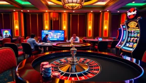 SBOBET-themed casino scene with vibrant poker chips and an elegant roulette wheel in a luxurious setting.
