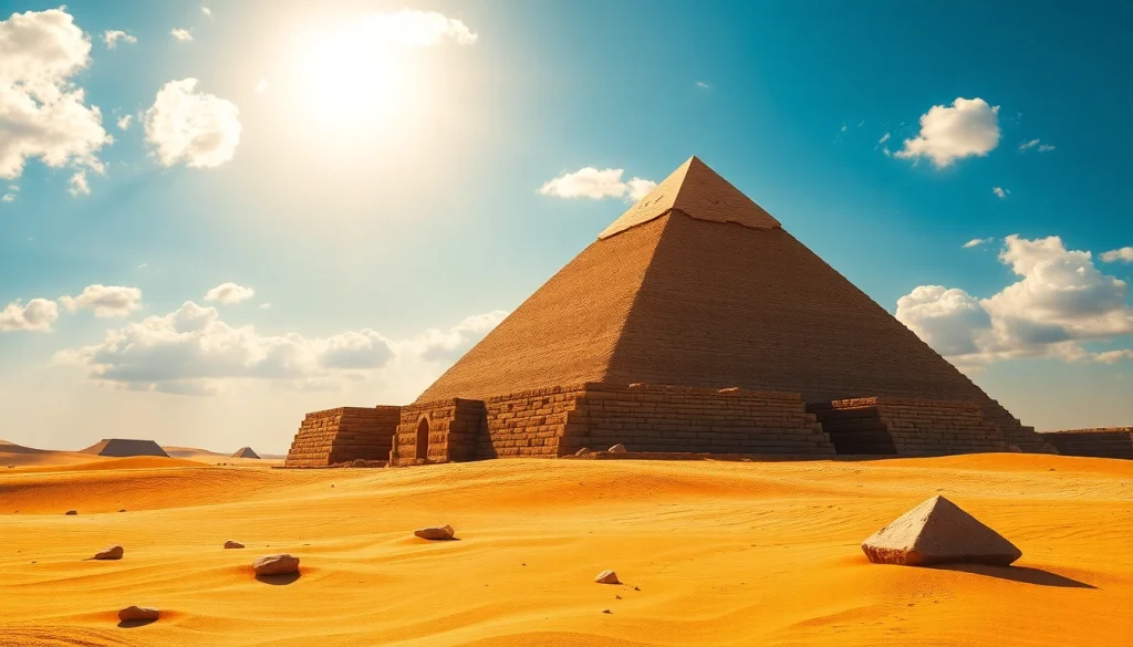 Experience the grandeur of ancient piraminds as they rise majestically against a clear sky.