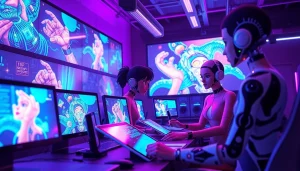 Innovative NSFW AI characters and technology showcased in a futuristic tech studio.