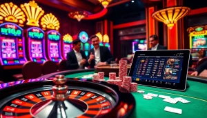 Action-packed poker game at i9bet with luxurious casino atmosphere and vibrant slot machines.