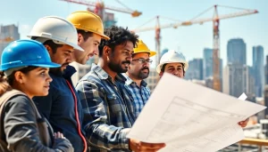 Manhattan Commercial General Contractor team working on construction plans with urban skyline.