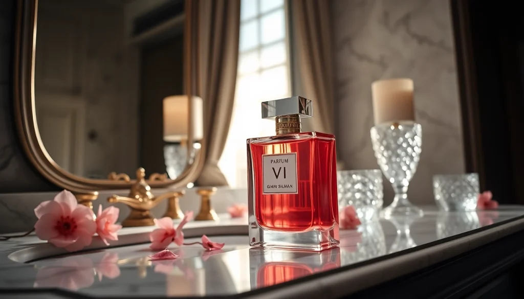 Presenting parfum vi by gianni vive sulman in an elegant, refined setting with floral accents.