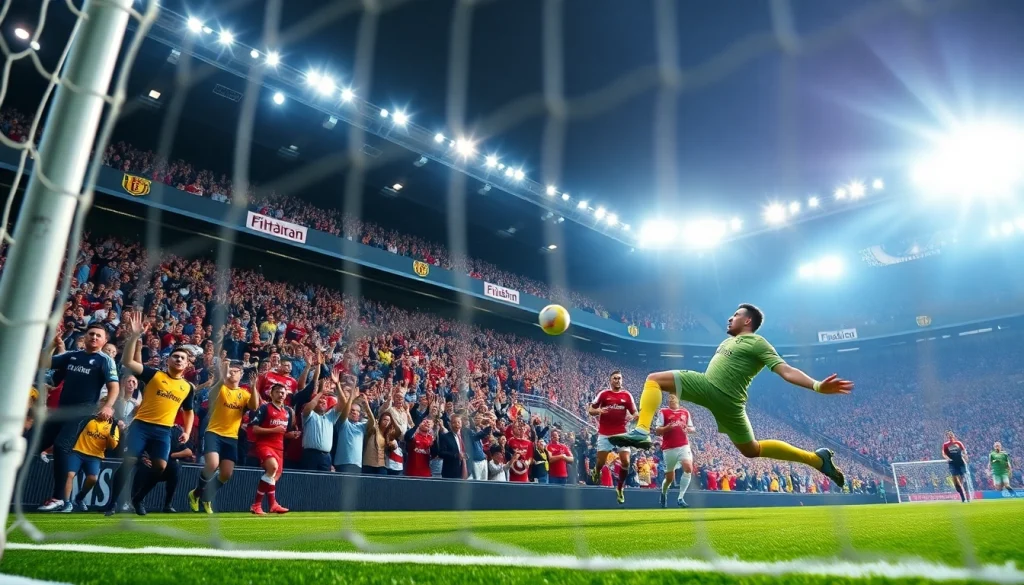 Catch the excitement of ผลบอลพรีเมียร์ลีก with a goalkeeper diving to make a crucial save.