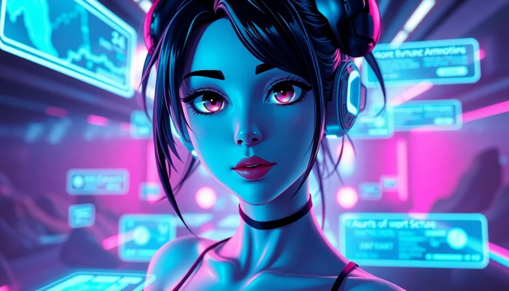 Engaging NSFW character in a futuristic virtual environment with vibrant neon colors