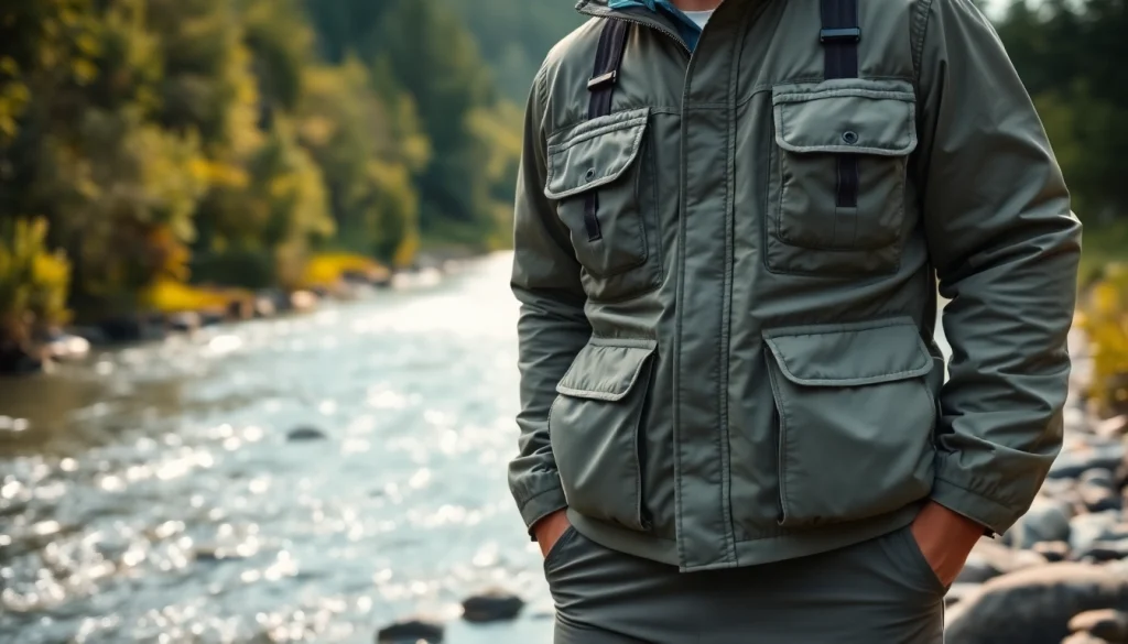 Showcasing fly fishing apparel in a natural river setting with stylish, practical design.