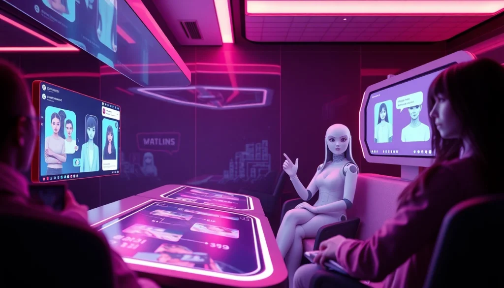 Experience NSFW AI chatbot interactions in a futuristic digital environment with vibrant graphics and avatars.