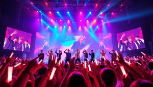 BTS news highlights energetic concert scene with fans and vibrant stage lights.