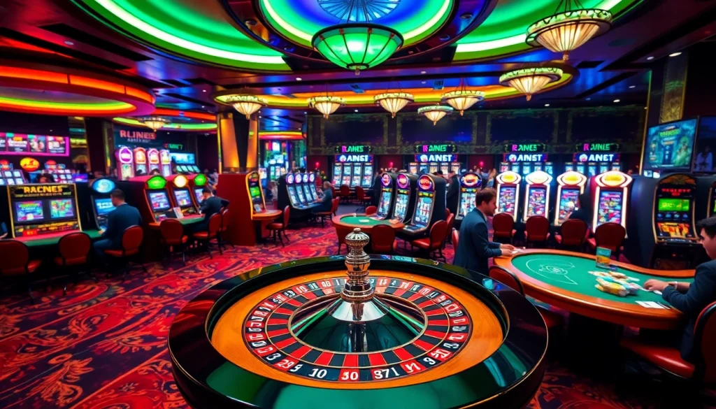 Experience thrilling gambling adventures at xin88 with a vibrant casino scene showing games and excitement.