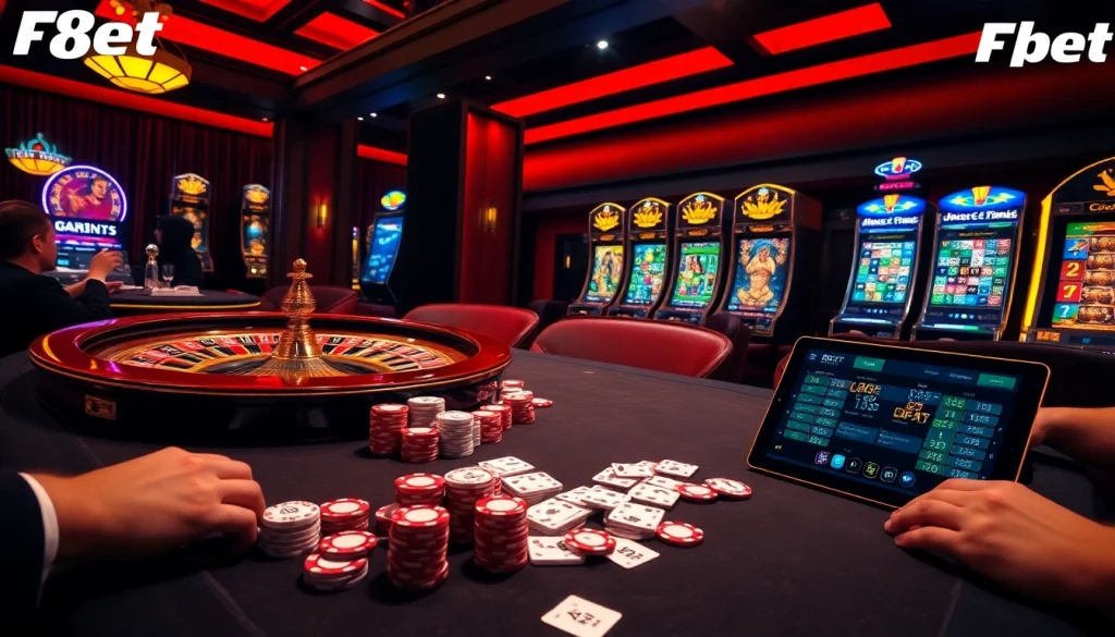 Excited players at a luxurious F8bet casino table enjoying poker and roulette.