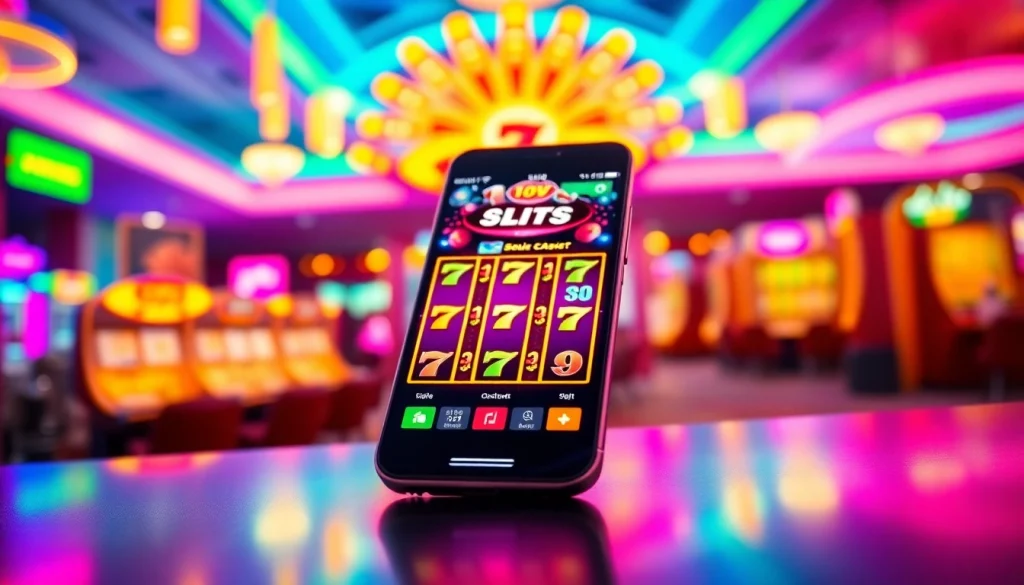 Memperlihatkan slot deposit 1k dengan layar smartphone menampilkan aplikasi kasino penuh warna.