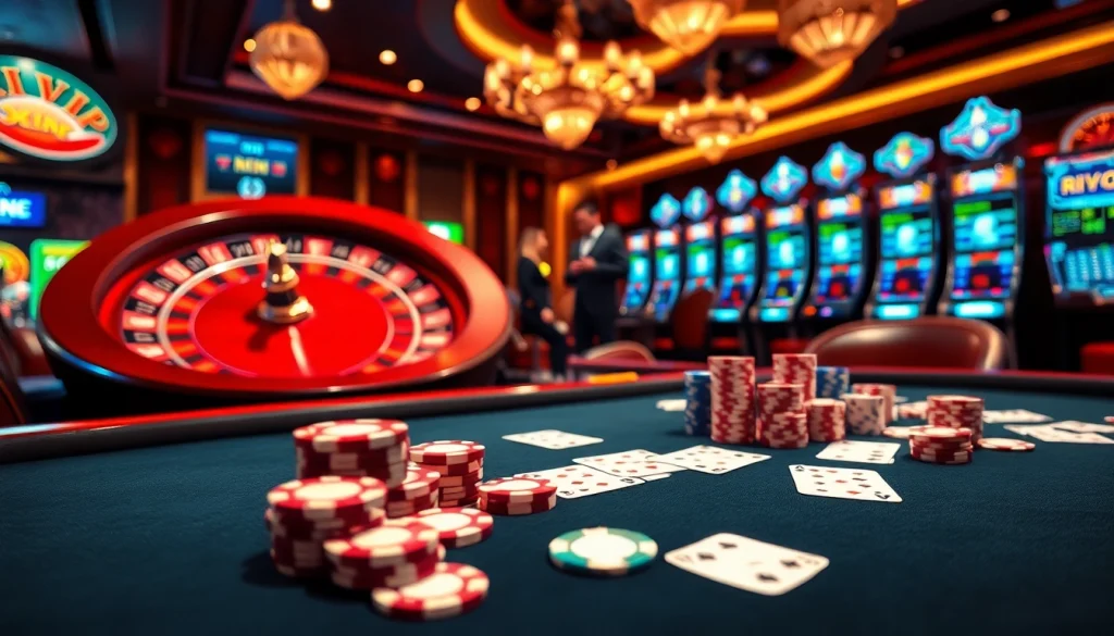 Experience RIKVIP gaming excitement with vibrant poker tables and dazzling slot machines.