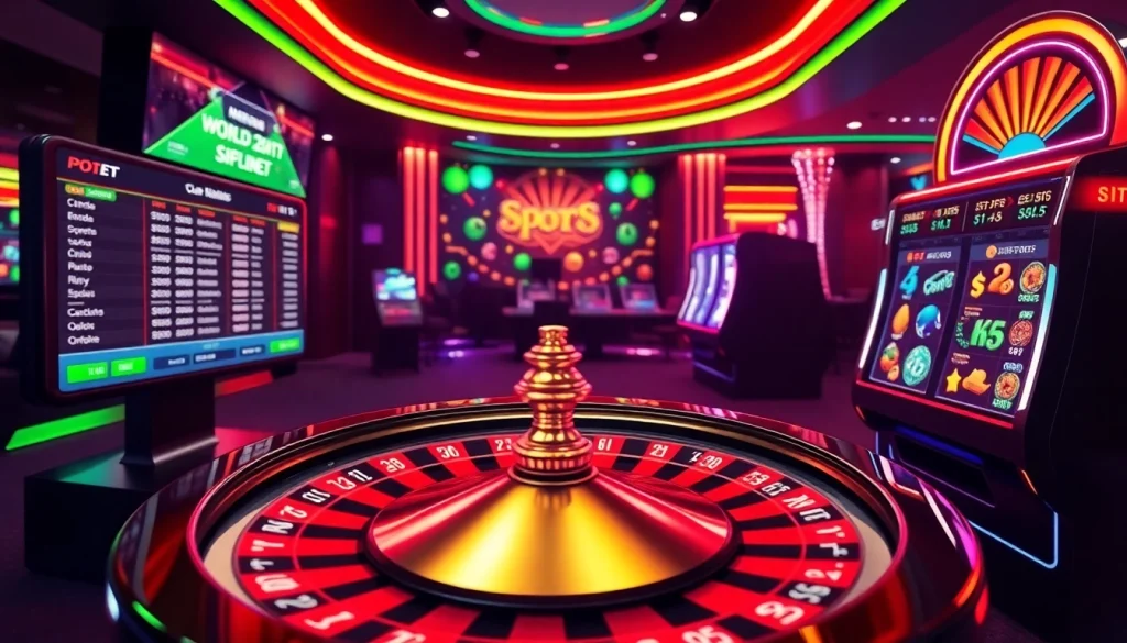 Dynamic online gambling scene featuring link alternatif sbobet with a roulette wheel and slot machine.
