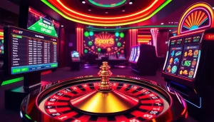 Dynamic online gambling scene featuring link alternatif sbobet with a roulette wheel and slot machine.