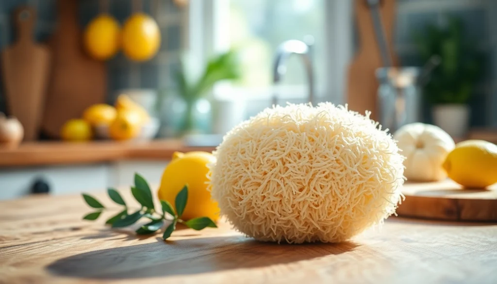 Clean and textured kitchen loofah beside fresh lemon on a wooden countertop.