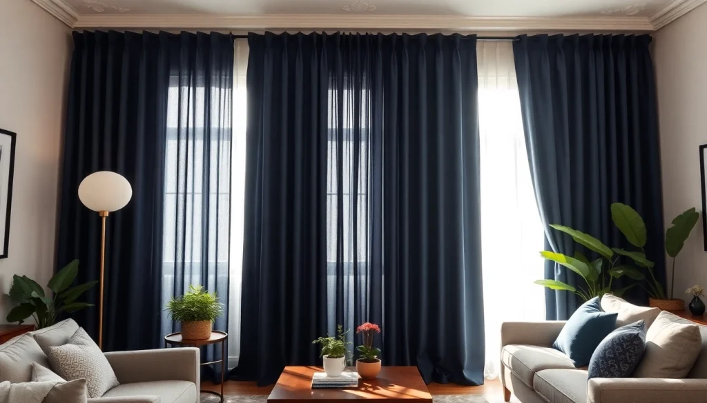 Verduisterende gordijnen in een stijlvolle woonkamer creëren een ontspannen sfeer.