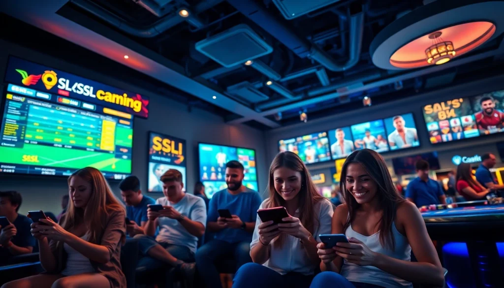 Môi trường chơi game sôi động tại Saowin 84 với người chơi tham gia cá cược thể thao và trò chơi casino, nhấn mạnh sự phấn khích và tính an toàn.