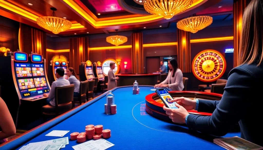 Engaging scene of players at a casino showcasing onicplay login with vibrant slot machines and poker tables.