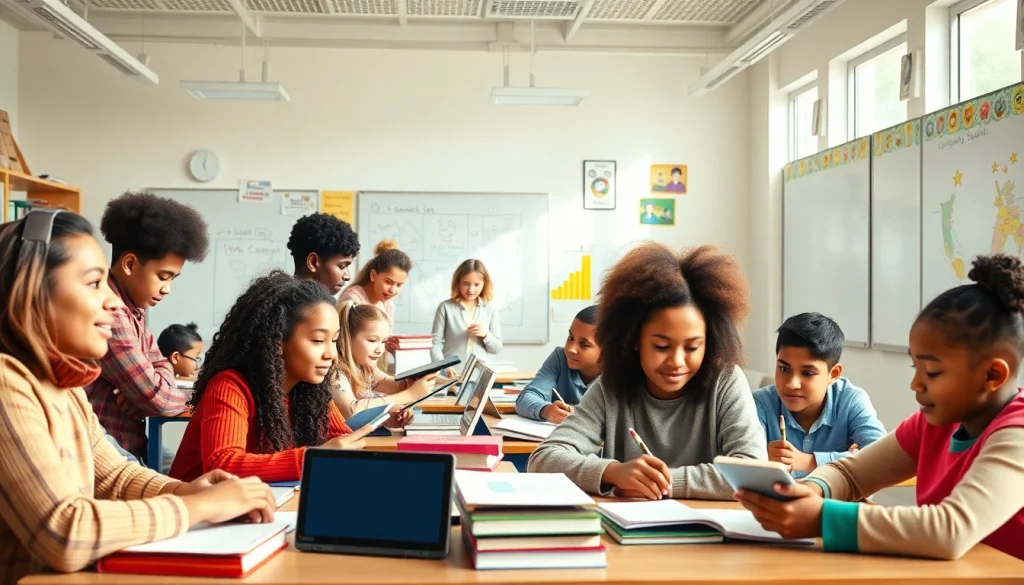 Education scene with diverse students collaborating in a bright classroom, promoting equality and innovative learning.