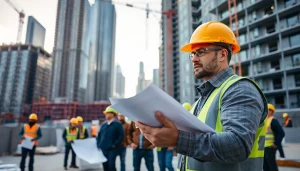 Manhattan Commercial General Contractor supervising a busy construction site with skyscrapers.