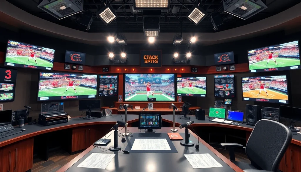 Engaging sports broadcasting studio with live event screens and professional anchors.