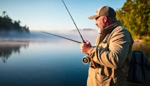 Engaging fly fishing lessons near me with an instructor teaching casting skills on a tranquil lake.