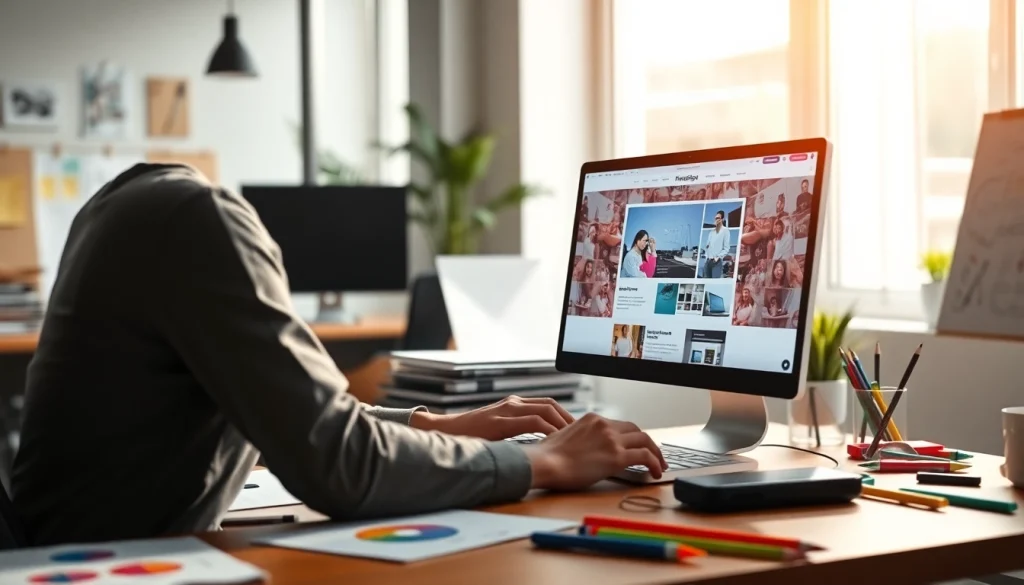 웹사이트 제작 화면을 보여주는 현대적 사무실 환경의 전문 디자인 장면