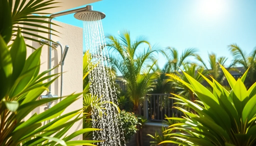 Experience the refreshing ambiance of sunny shower USA in a vibrant outdoor setting with modern fixtures.