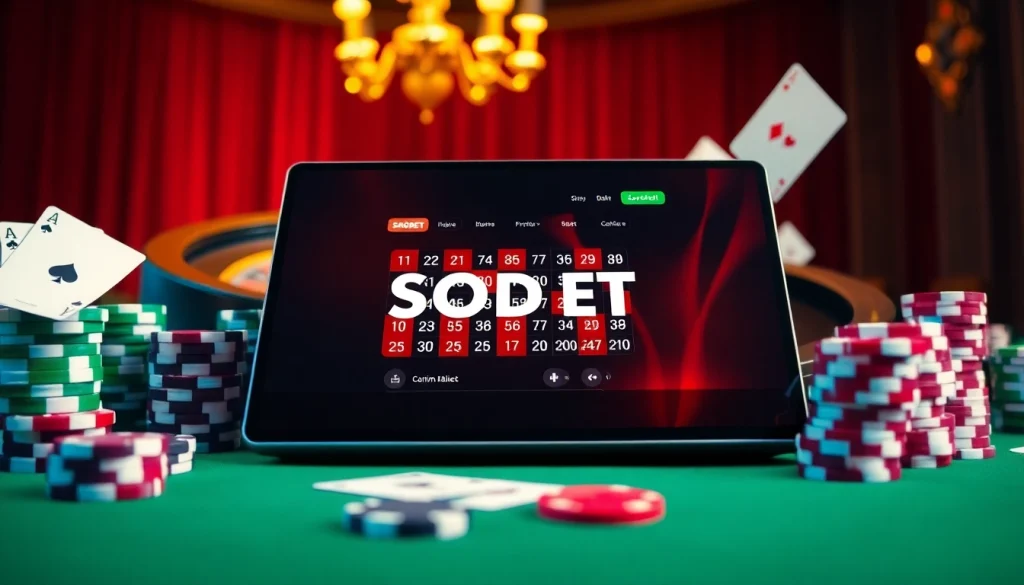 Sbobet online platform featuring poker chips and roulette in a luxurious casino setting.