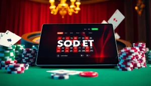 Sbobet online platform featuring poker chips and roulette in a luxurious casino setting.