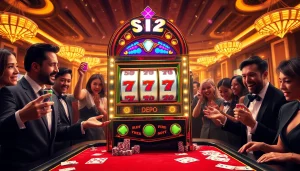 Players celebrating wins at the Slot Depo 5rb machine in a vibrant casino setting.