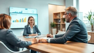 Profesjonalne biuro rachunkowe podczas spotkania z księgowym i klientem, ilustrujące współpracę finansową.