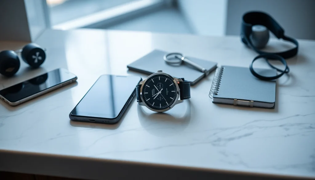 Showcasing the Finesse Smart Watch with modern gadgets in a sophisticated setting.