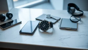 Showcasing the Finesse Smart Watch with modern gadgets in a sophisticated setting.