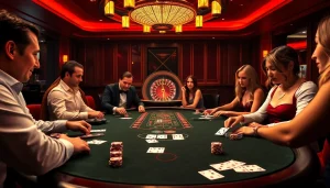 Découvrez l'excitation d'un casino en ligne fiable avec des joueurs enthousiastes à une table de blackjack, entourés d'éléments de casino vibrants.