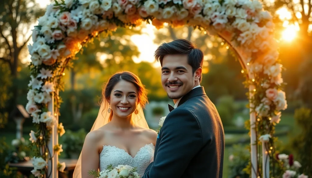 Capturing the essence of Wedding photography with a couple under a floral arch in a garden.