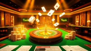 Scène engageante d'un casino en ligne fiable mettant en avant des jetons de poker et une roue de roulette numérique dans une atmosphère luxueuse.