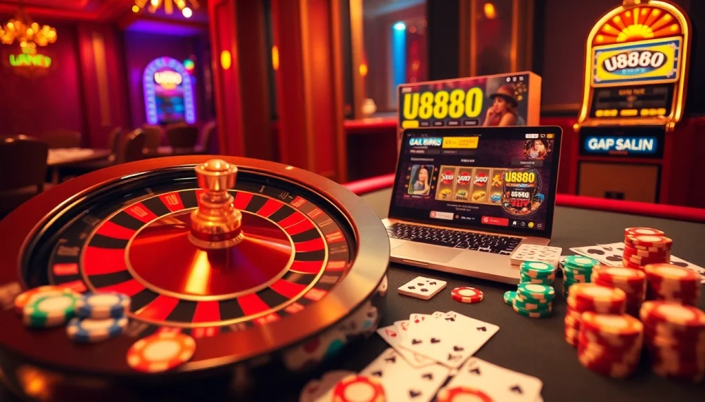 Experience thrilling gameplay with U8888 at a vibrant casino table featuring roulette and jackpot slots.