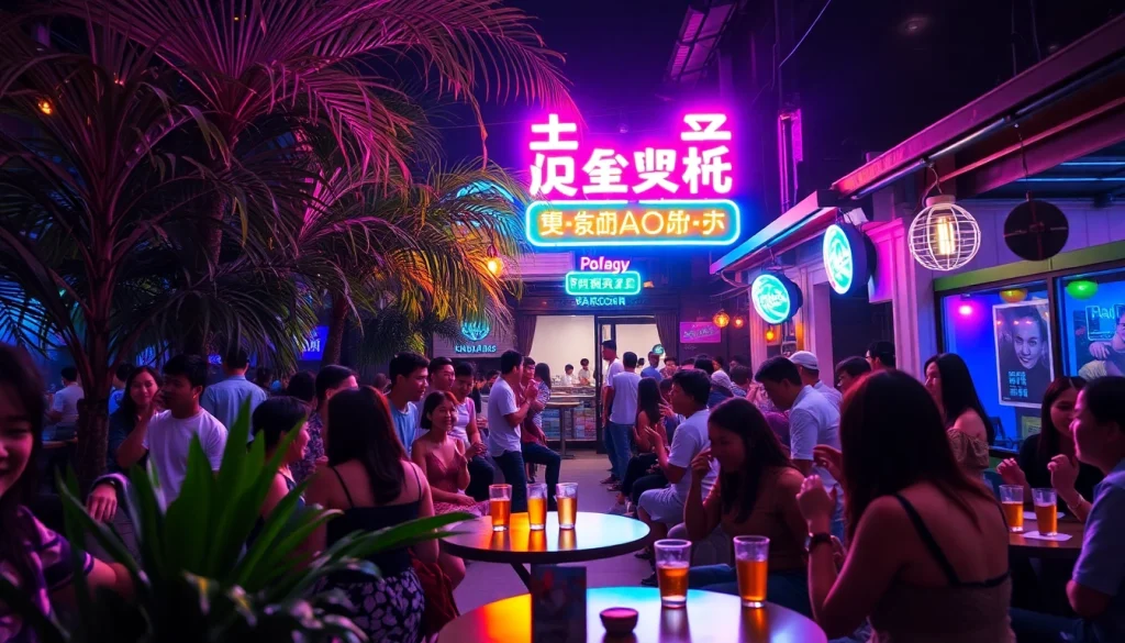 활기찬 네온 조명 아래 야외 노래방을 즐기는 활기찬 손님들이 있는 역동적인 제주도 유흥 장면.