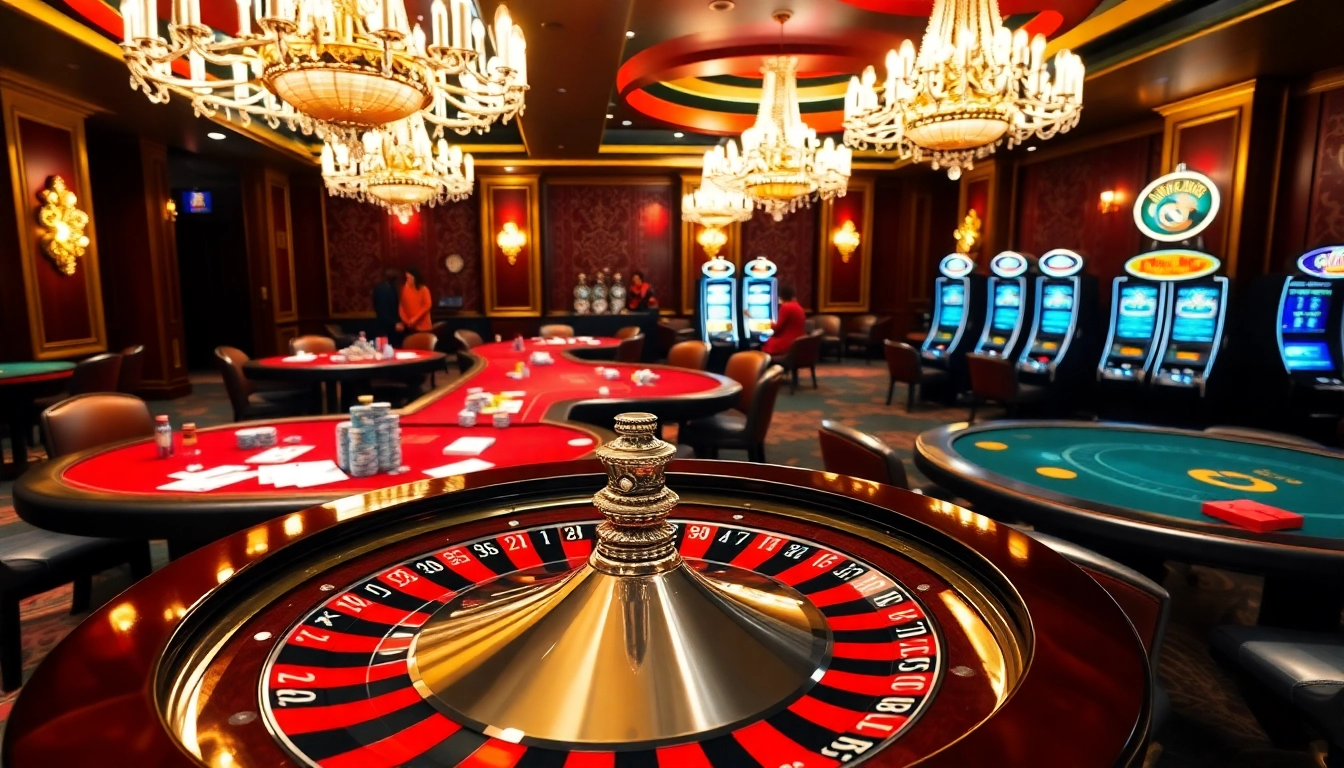 Une scène de casino palpitante montrant une roue de roulette et des tables de poker, mettant en avant le jeu en ligne fiable.