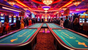 Rasakan keseruan hoki77 di kasino dengan meja permainan yang cerah dan ramai.