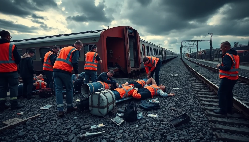 Emergency responders at the spain train crash scene, aiding victims amid wreckage and chaos.