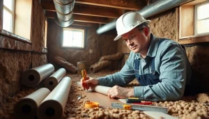 Contractor performing vapor barrier installation with precision in a crawl space environment.
