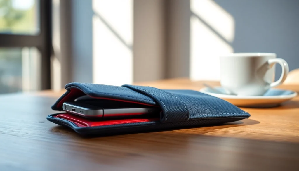 Handytasche Magnetverschluss stylishly displayed with a smartphone, emphasizing its design and functionality.