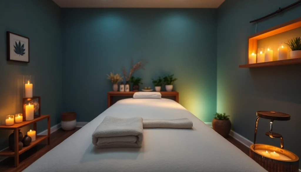 마사지용 테이블과 자연 오일을 보여주는 편안한 마사지 치료실