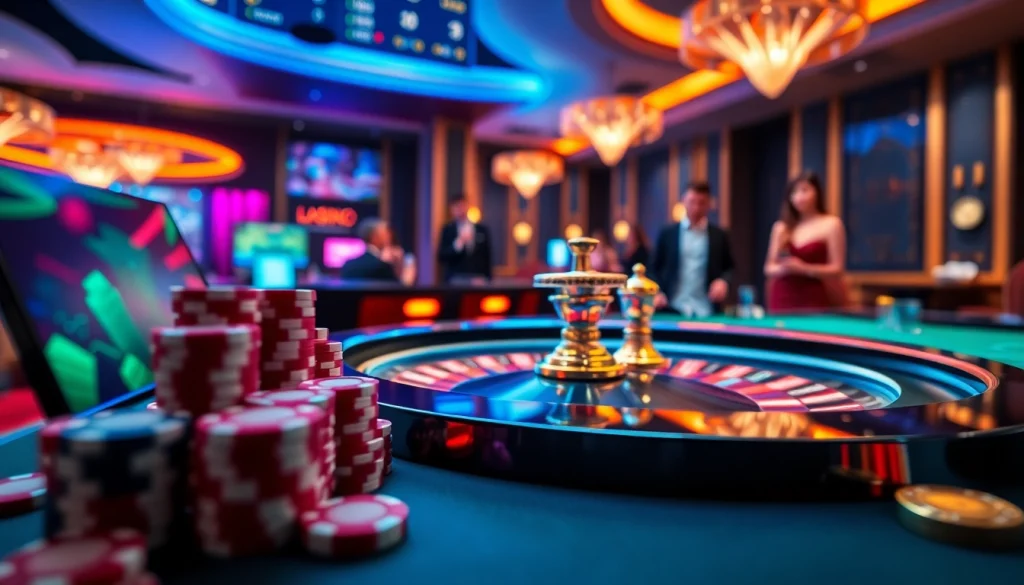 Un casino en ligne fiable virtuel présentant des jetons de poker élégants et une roue de roulette dynamique, invitant les joueurs à s'engager.