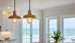 Bright and stylish island light fixtures illuminating a coastal kitchen ambiance.