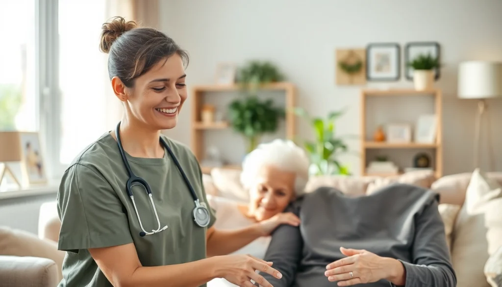 Supportive caregiver helping an elderly person, representing in home care near me services.