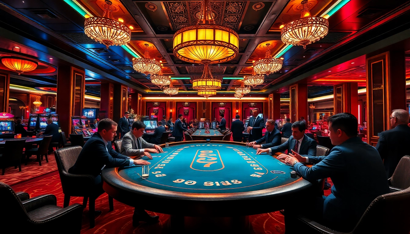 Permainan MABAR88 Pulsa menarik di meja poker dengan suasana kasino yang hidup.