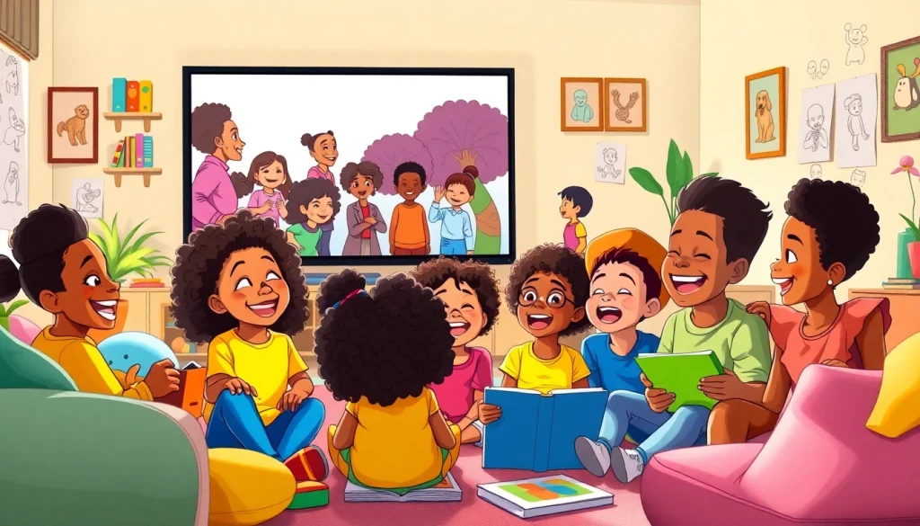 Children enjoying African American cartoons in a vibrant living room.