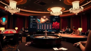 Scène engageante d'un casino en ligne fiable avec des cartes de poker, une roue de roulette et des jetons.